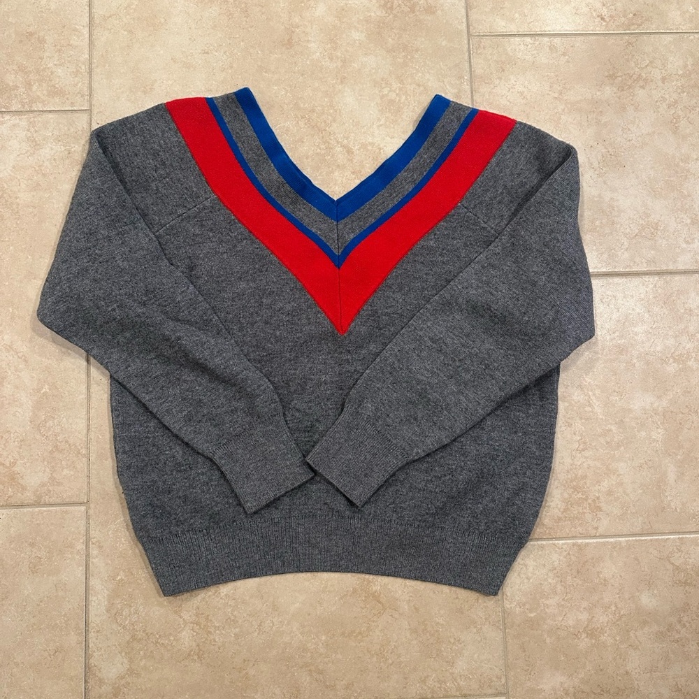 Sandro Gray V‑Neck Sweater with Red and Blue Trim